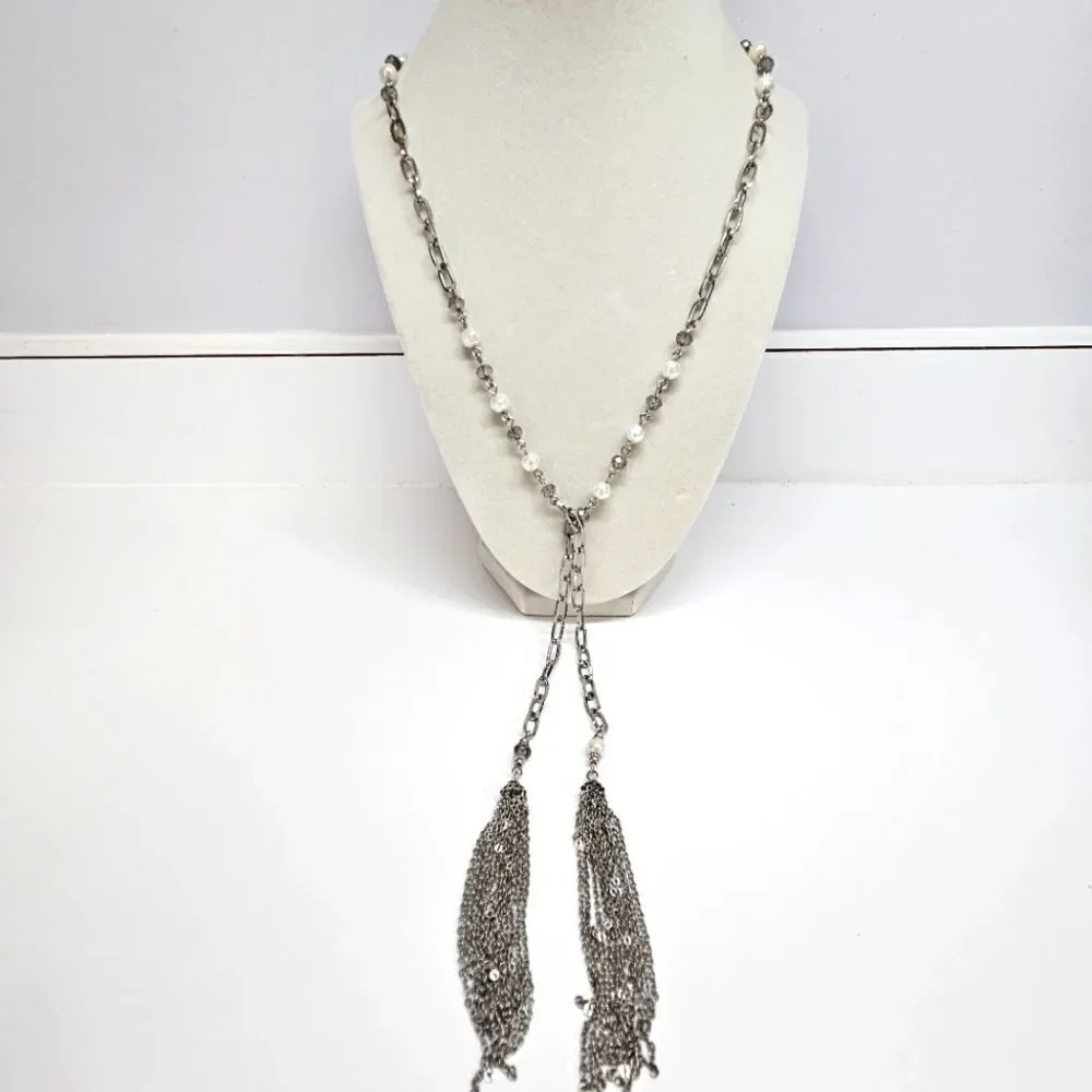 VINTAGE Premier Designs Silver Tone Beaded Tassel Long Chain Necklace